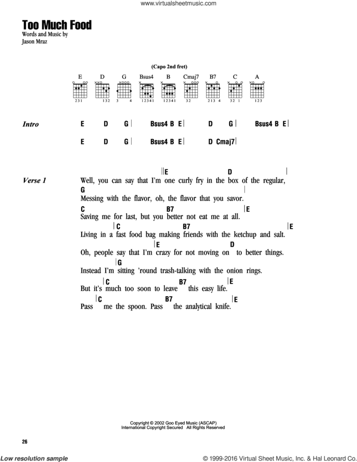 Too Much Food sheet music for guitar (chords) by Jason Mraz, intermediate skill level