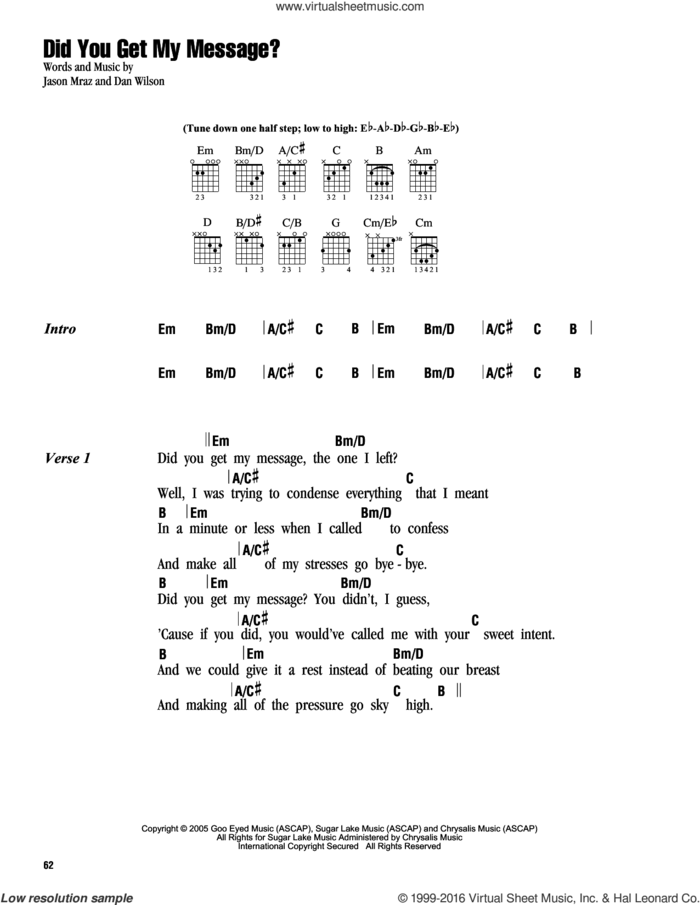 Did You Get My Message? sheet music for guitar (chords) by Jason Mraz and Dan Wilson, intermediate skill level