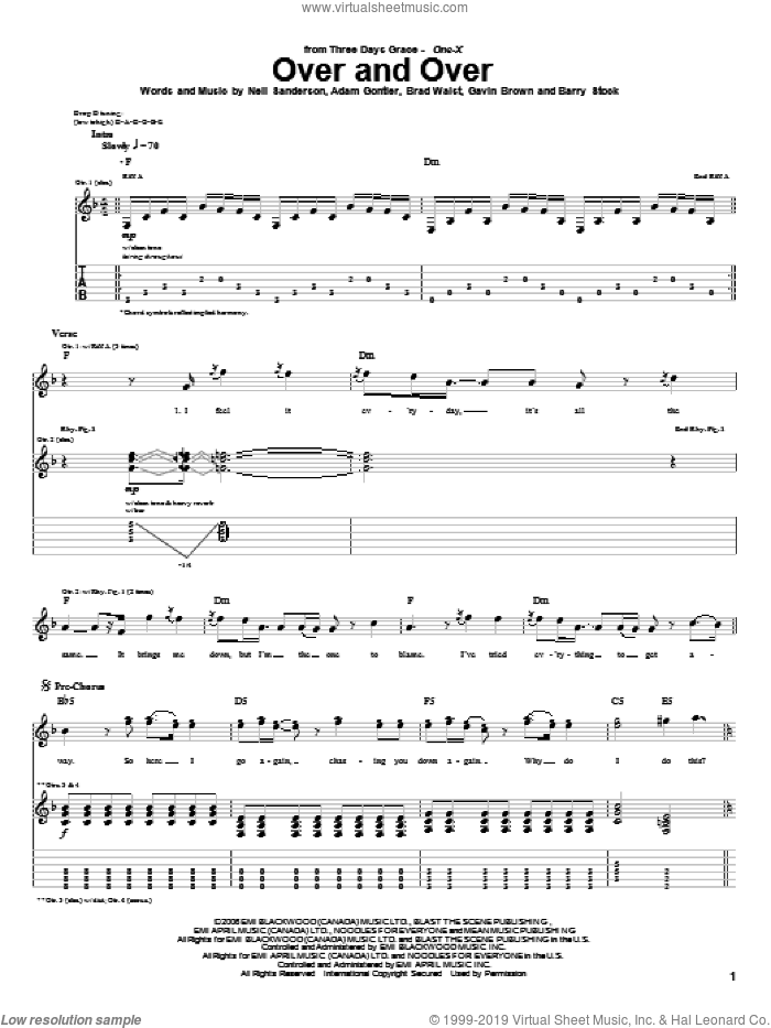 Over And Over sheet music for guitar (tablature) by Three Days Grace, Adam Gontier, Barry Stock, Brad Walst, Gavin Brown and Neil Sanderson, intermediate skill level