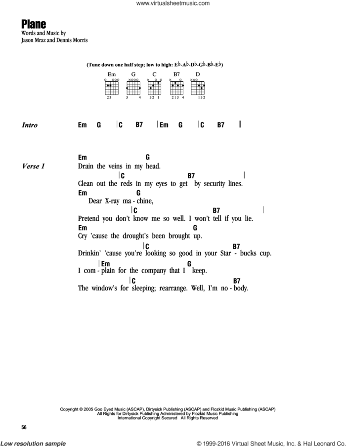 Plane sheet music for guitar (chords) by Jason Mraz and Dennis Morris, intermediate skill level