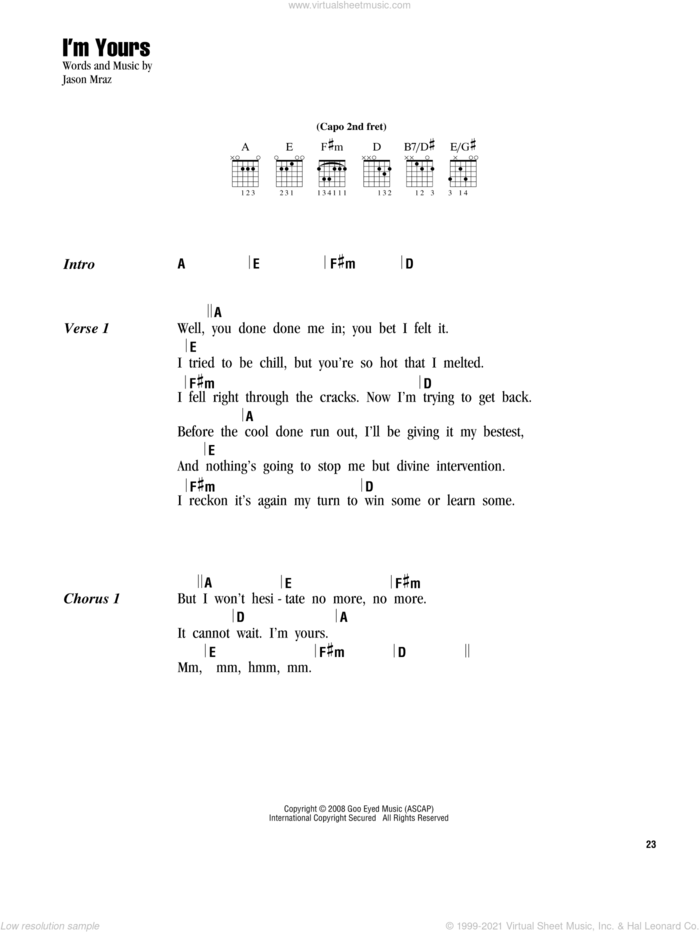 I'm Yours sheet music for guitar (chords) by Jason Mraz, wedding score, intermediate skill level
