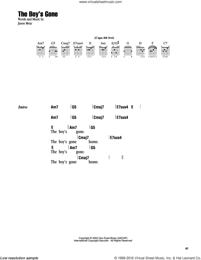 The Boy's Gone sheet music for guitar (chords) by Jason Mraz, intermediate skill level