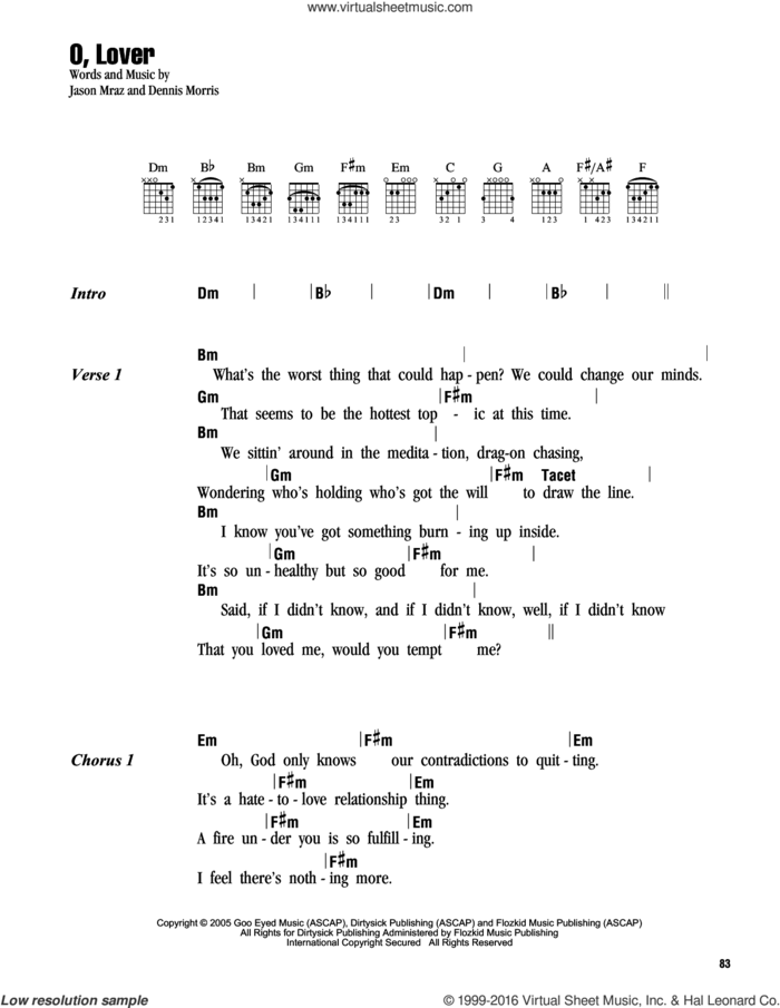O, Lover sheet music for guitar (chords) by Jason Mraz and Dennis Morris, intermediate skill level