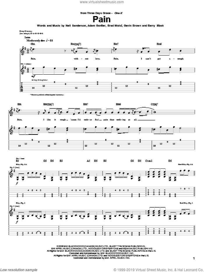 Pain sheet music for guitar (tablature) by Three Days Grace, Adam Gontier, Barry Stock, Brad Walst, Gavin Brown and Neil Sanderson, intermediate skill level
