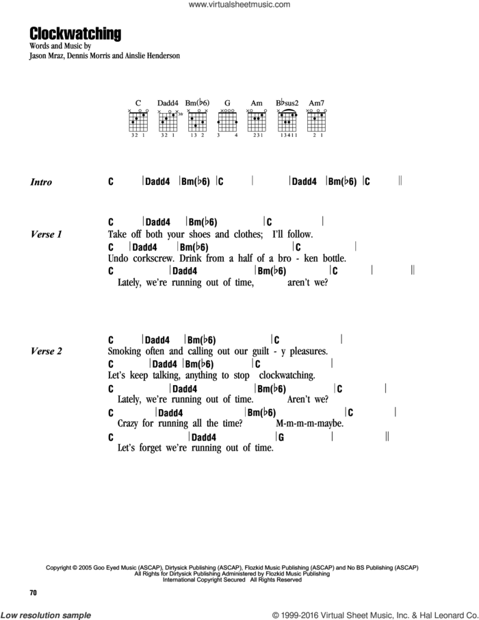 Clockwatching sheet music for guitar (chords) by Jason Mraz, Ainslie Henderson and Dennis Morris, intermediate skill level