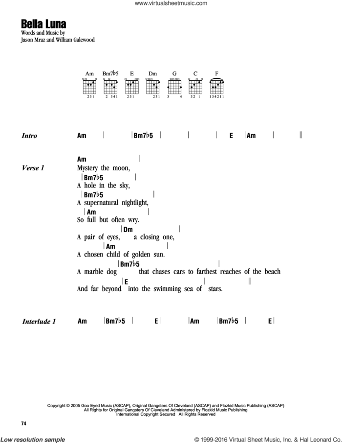 Bella Luna sheet music for guitar (chords) by Jason Mraz and William Galewood, intermediate skill level