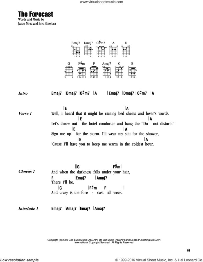 The Forecast sheet music for guitar (chords) by Jason Mraz and Eric Hinojosa, intermediate skill level