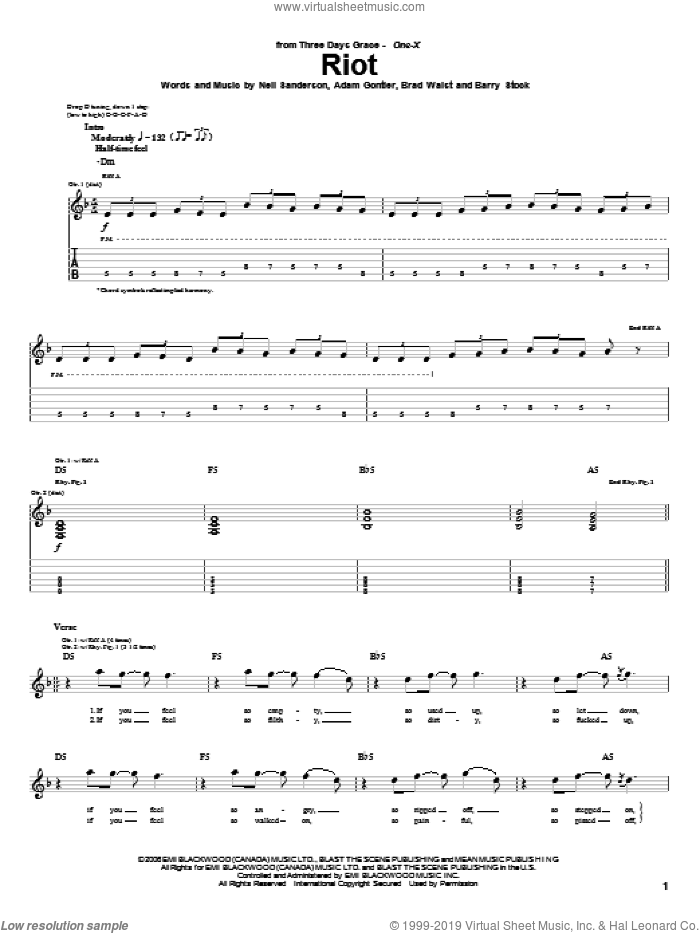 Riot sheet music for guitar (tablature) by Three Days Grace, Adam Gontier, Barry Stock, Brad Walst and Neil Sanderson, intermediate skill level