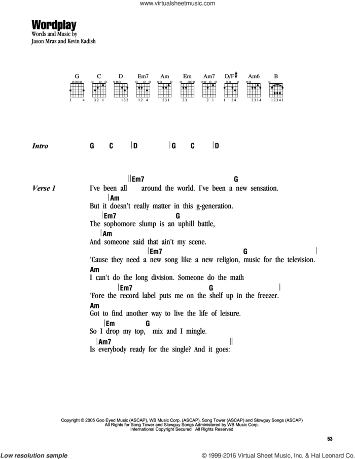 Wordplay sheet music for guitar (chords) by Jason Mraz and Kevin Kadish, intermediate skill level