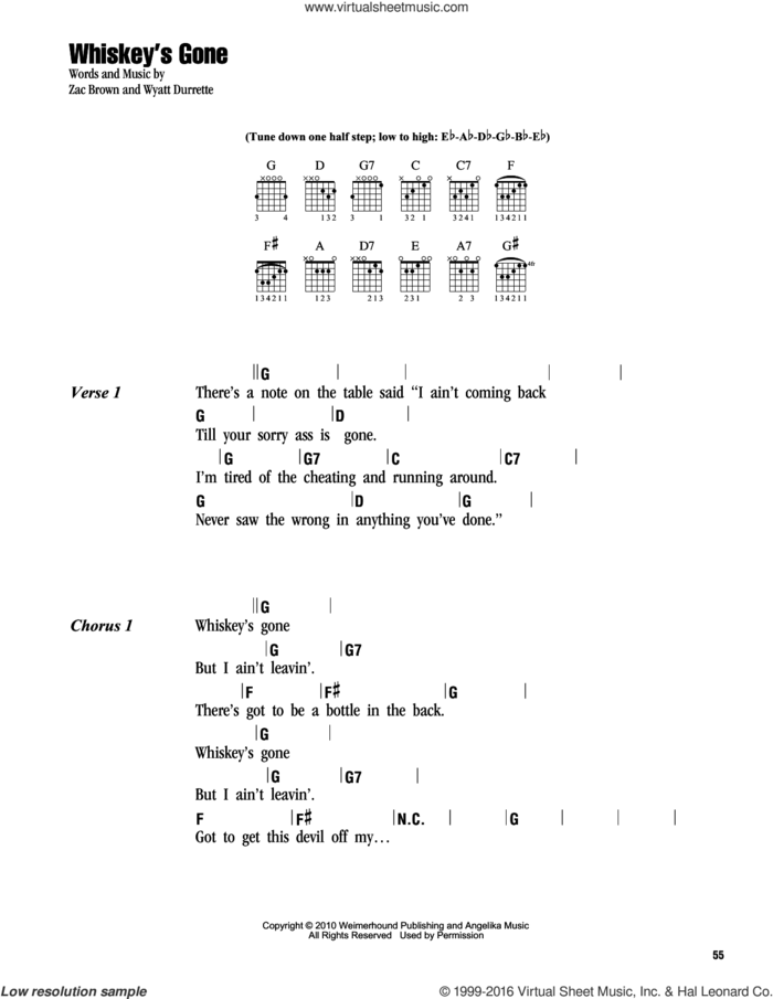 Whiskey's Gone sheet music for guitar (chords) by Zac Brown Band, Wyatt Durrette and Zac Brown, intermediate skill level