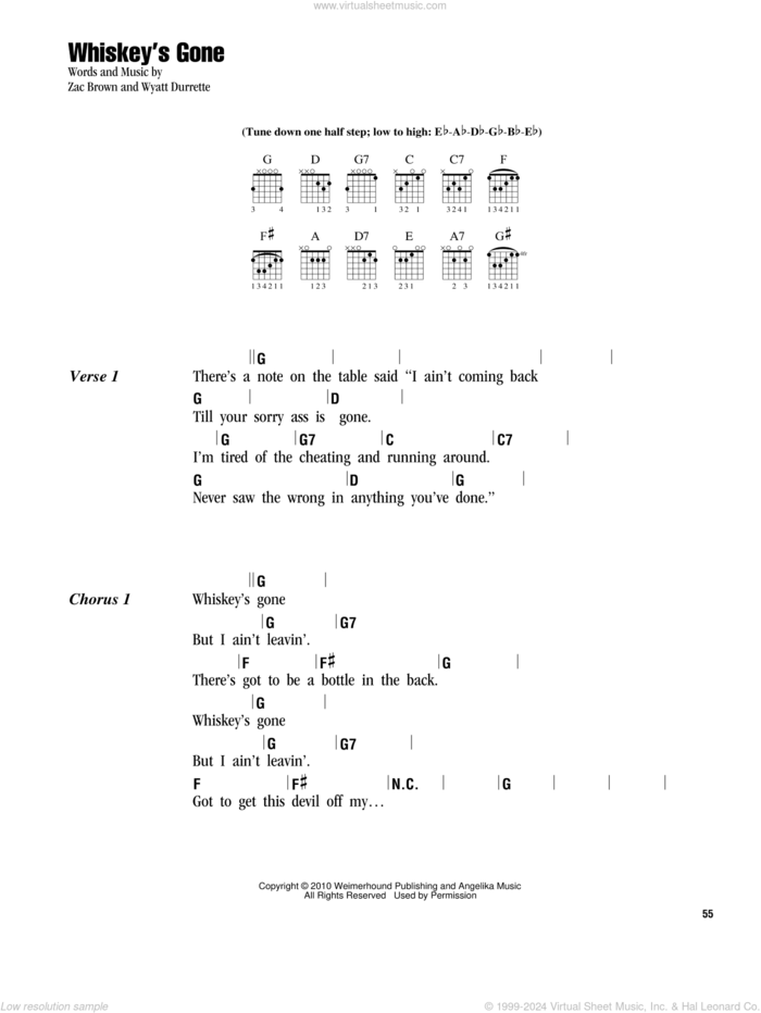 Whiskey's Gone sheet music for guitar (chords) by Zac Brown Band, Wyatt Durrette and Zac Brown, intermediate skill level