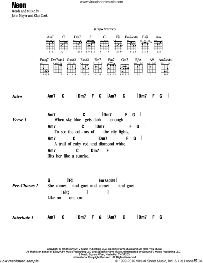 Neon sheet music for guitar (chords) by John Mayer and Clay Cook, intermediate skill level