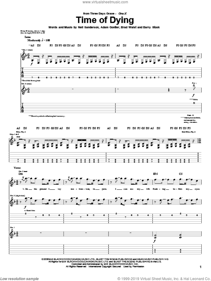 Time Of Dying sheet music for guitar (tablature) by Three Days Grace, Adam Gontier, Barry Stock, Brad Walst and Neil Sanderson, intermediate skill level