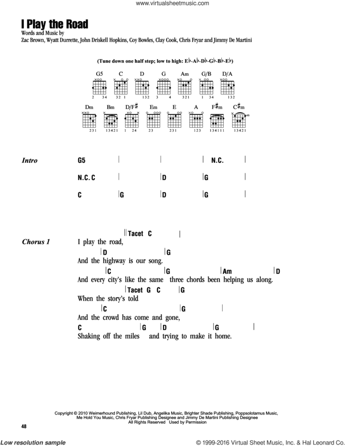 I Play The Road sheet music for guitar (chords) by Zac Brown Band, Chris Fryar, Clay Cook, Coy Bowles, Jimmy De Martini, John Driskell Hopkins, Wyatt Durrette and Zac Brown, intermediate skill level