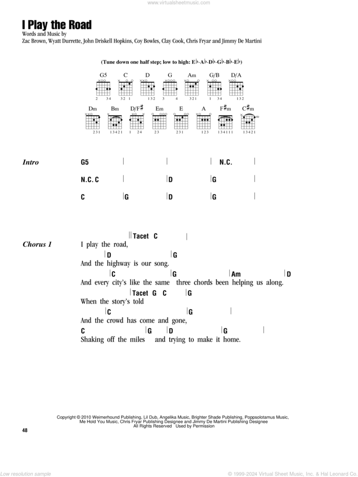 I Play The Road sheet music for guitar (chords) by Zac Brown Band, Chris Fryar, Clay Cook, Coy Bowles, Jimmy De Martini, John Driskell Hopkins, Wyatt Durrette and Zac Brown, intermediate skill level