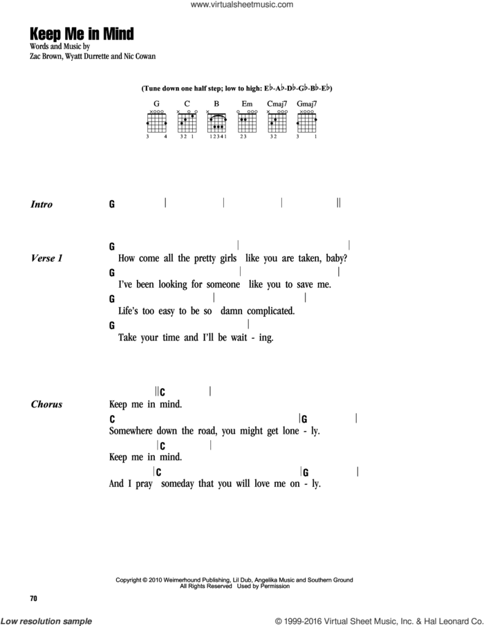 Keep Me In Mind sheet music for guitar (chords) by Zac Brown Band, Nic Cowan, Wyatt Durrette and Zac Brown, intermediate skill level