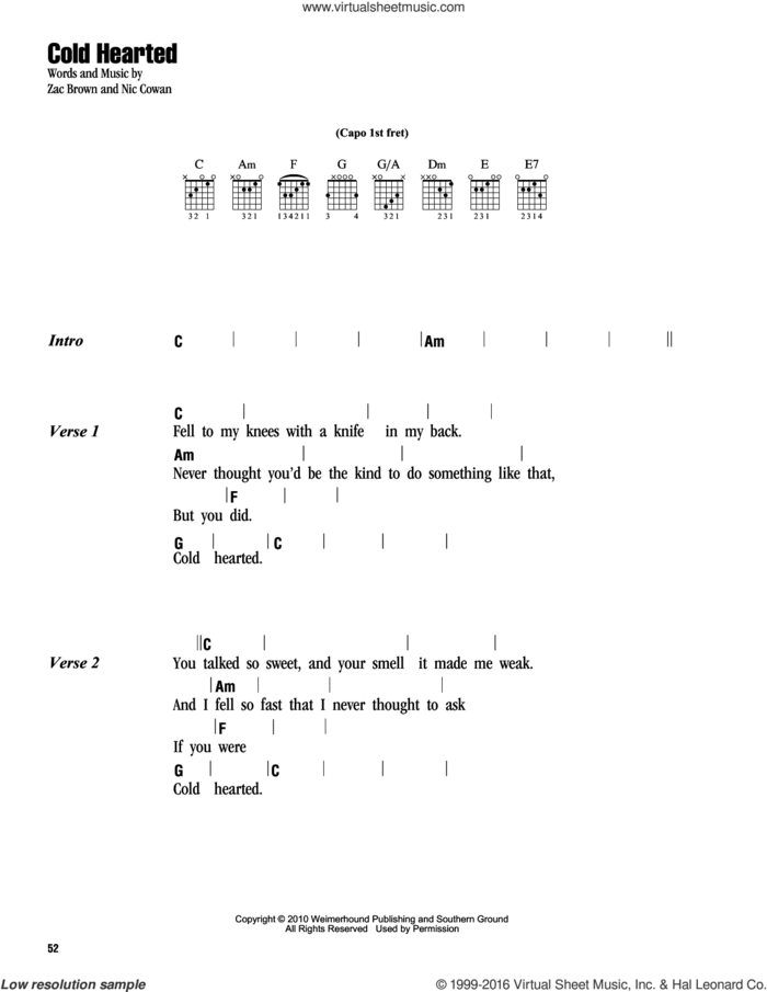 Cold Hearted sheet music for guitar (chords) by Zac Brown Band, Nic Cowan and Zac Brown, intermediate skill level