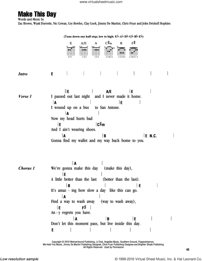 Make This Day sheet music for guitar (chords) by Zac Brown Band, Miscellaneous, Chris Fryar, Clay Cook, Coy Bowles, Jimmy De Martini, John Driskell Hopkins, Nic Cowan, Wyatt Durrette and Zac Brown, intermediate skill level