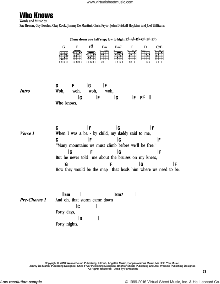 Who Knows sheet music for guitar (chords) by Zac Brown Band, Chris Fryar, Clay Cook, Coy Bowles, Jimmy De Martini, Joel Williams, John Driskell Hopkins and Zac Brown, intermediate skill level
