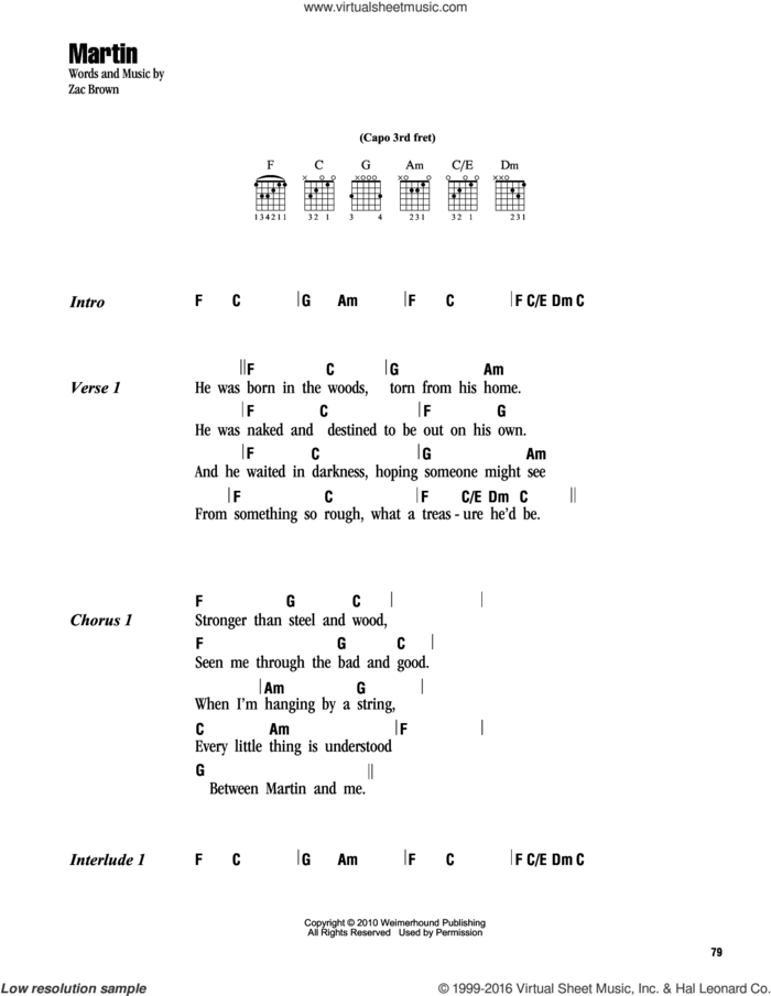 Martin sheet music for guitar (chords) by Zac Brown Band and Zac Brown, intermediate skill level