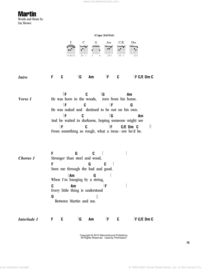 Martin sheet music for guitar (chords) by Zac Brown Band and Zac Brown, intermediate skill level