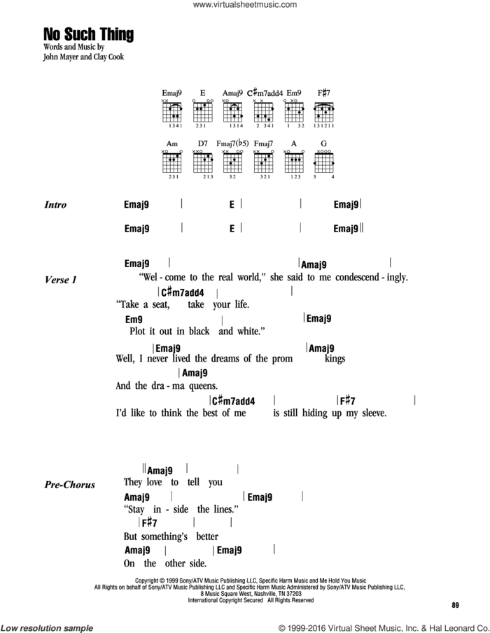 No Such Thing sheet music for guitar (chords) by John Mayer and Clay Cook, intermediate skill level