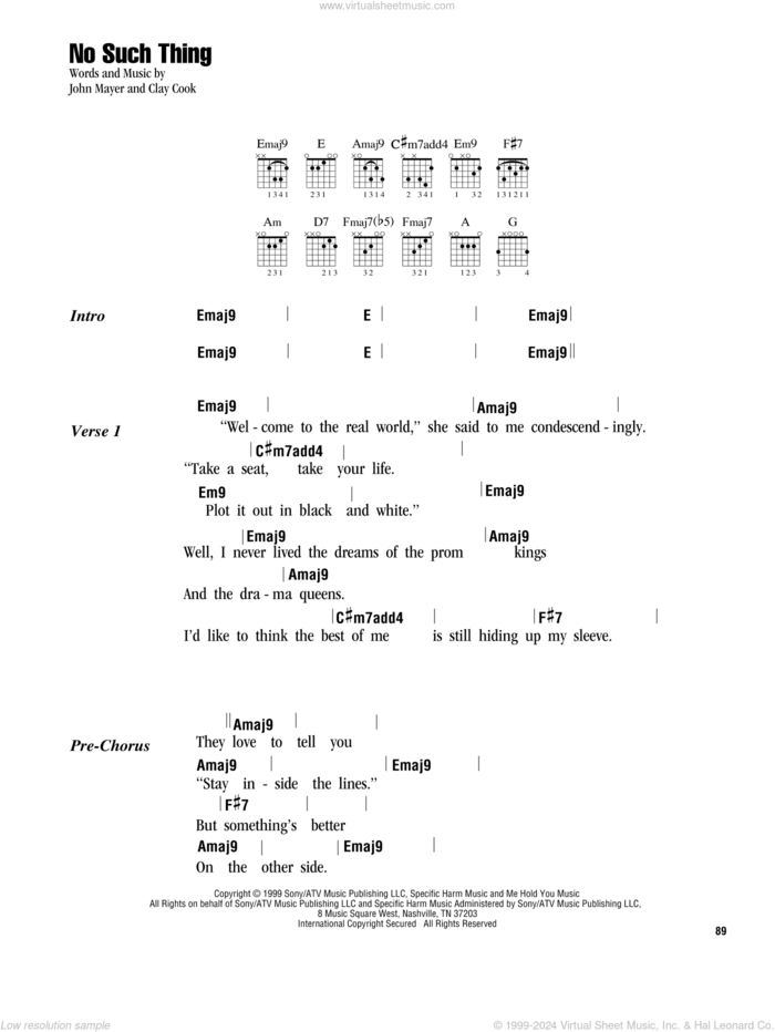 No Such Thing sheet music for guitar (chords) by John Mayer and Clay Cook, intermediate skill level