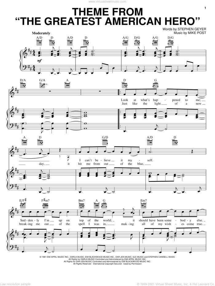 Theme From 'The Greatest American Hero' sheet music for voice, piano or guitar by Joey Scarbury, Mike Post and Steve Geyer, intermediate skill level