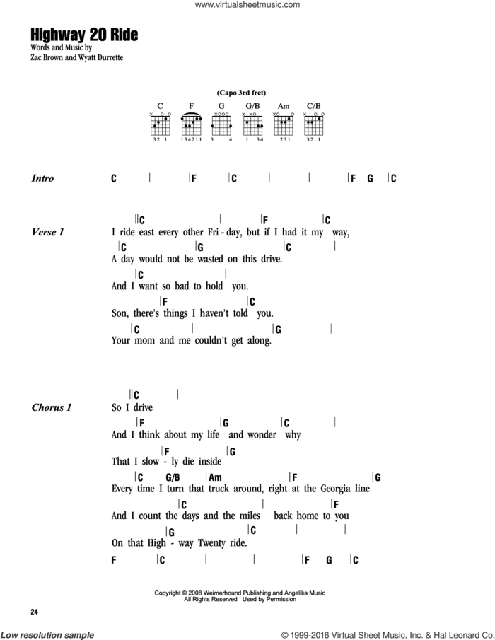 Highway 20 Ride sheet music for guitar (chords) by Zac Brown Band, Wyatt Durrette and Zac Brown, intermediate skill level