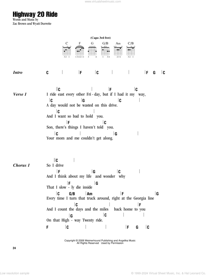 Highway 20 Ride sheet music for guitar (chords) by Zac Brown Band, Wyatt Durrette and Zac Brown, intermediate skill level