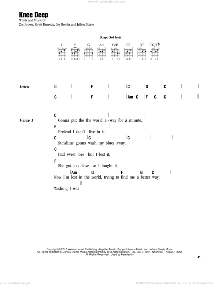 Knee Deep sheet music for guitar (chords) by Zac Brown Band featuring Jimmy Buffett, Coy Bowles, Jeffrey Steele, Wyatt Durrette and Zac Brown, intermediate skill level