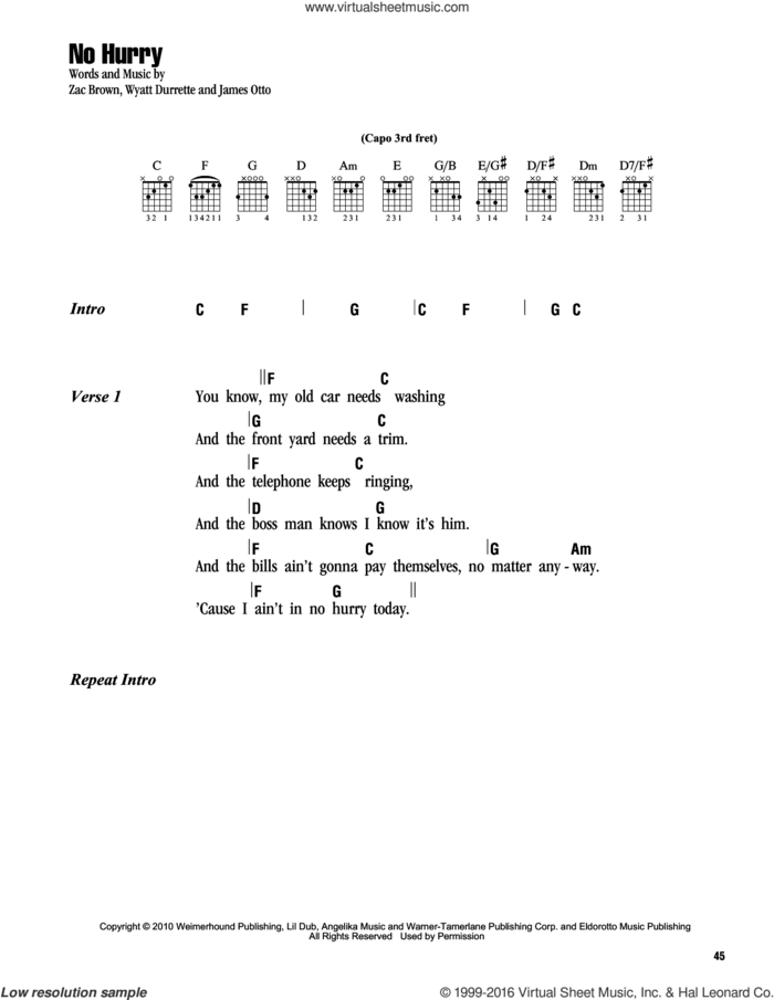 No Hurry sheet music for guitar (chords) by Zac Brown Band, James Otto, Wyatt Durrette and Zac Brown, intermediate skill level