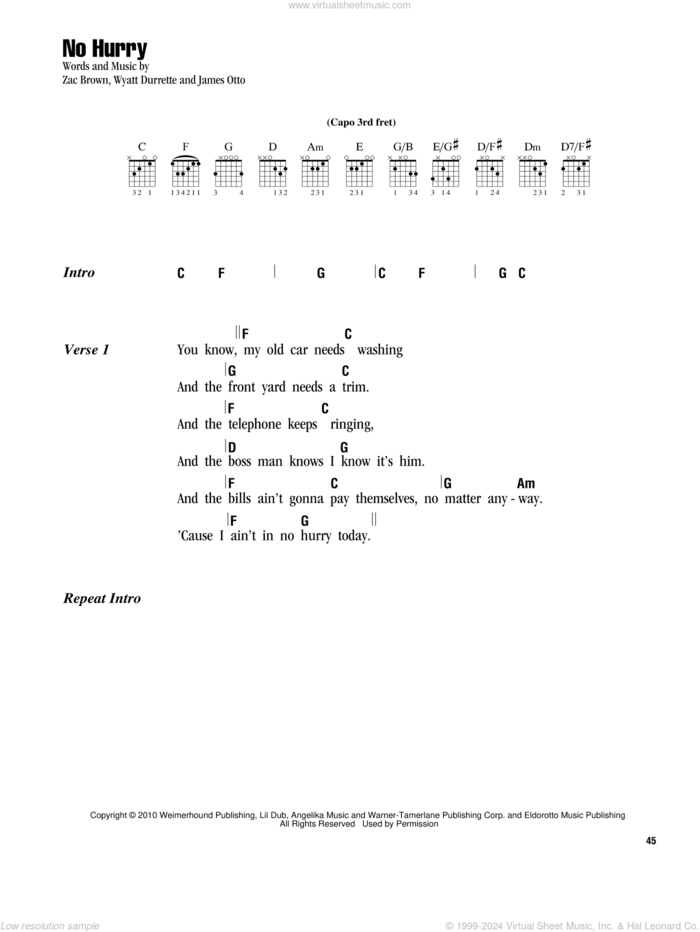 No Hurry sheet music for guitar (chords) by Zac Brown Band, James Otto, Wyatt Durrette and Zac Brown, intermediate skill level