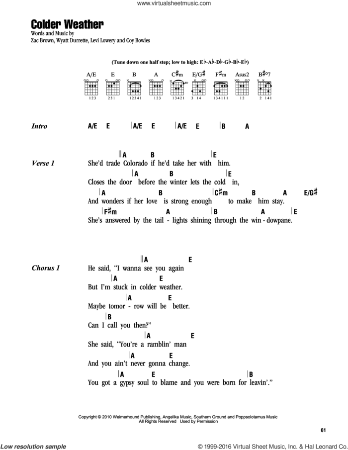 Colder Weather sheet music for guitar (chords) by Zac Brown Band, Coy Bowles, Levi Lowery, Wyatt Durrette and Zac Brown, intermediate skill level