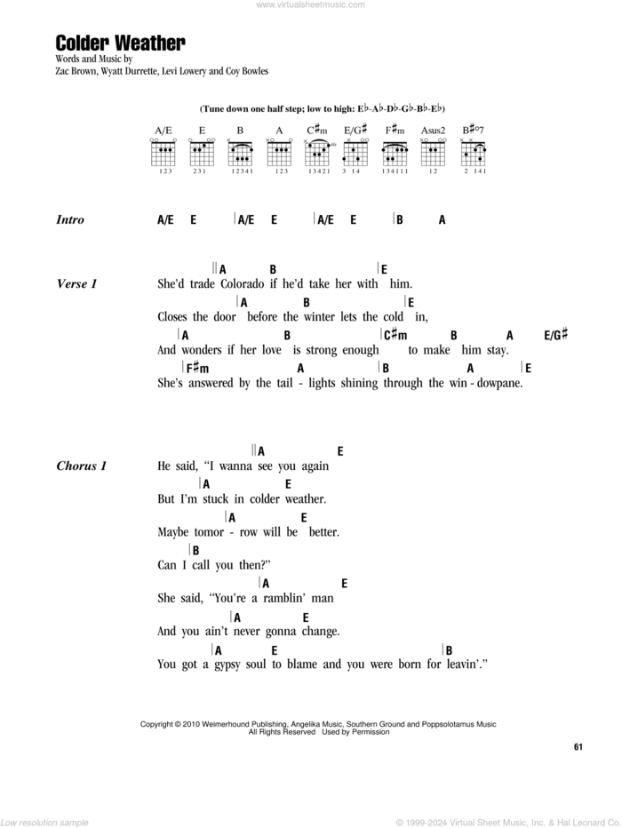 Colder Weather sheet music for guitar (chords) by Zac Brown Band, Coy Bowles, Levi Lowery, Wyatt Durrette and Zac Brown, intermediate skill level