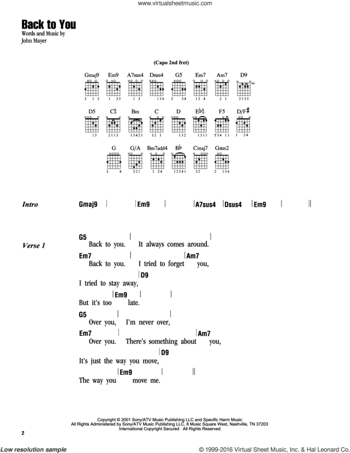 Back To You sheet music for guitar (chords) by John Mayer, intermediate skill level
