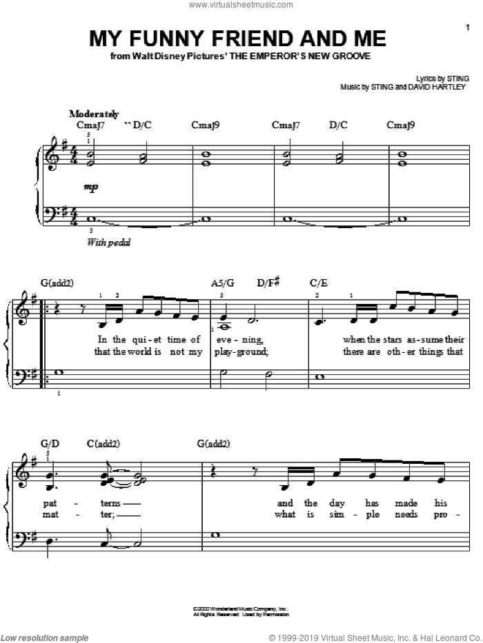 My Funny Friend And Me (from The Emperor's New Groove) sheet music for piano solo by Sting and David Hartley, easy skill level