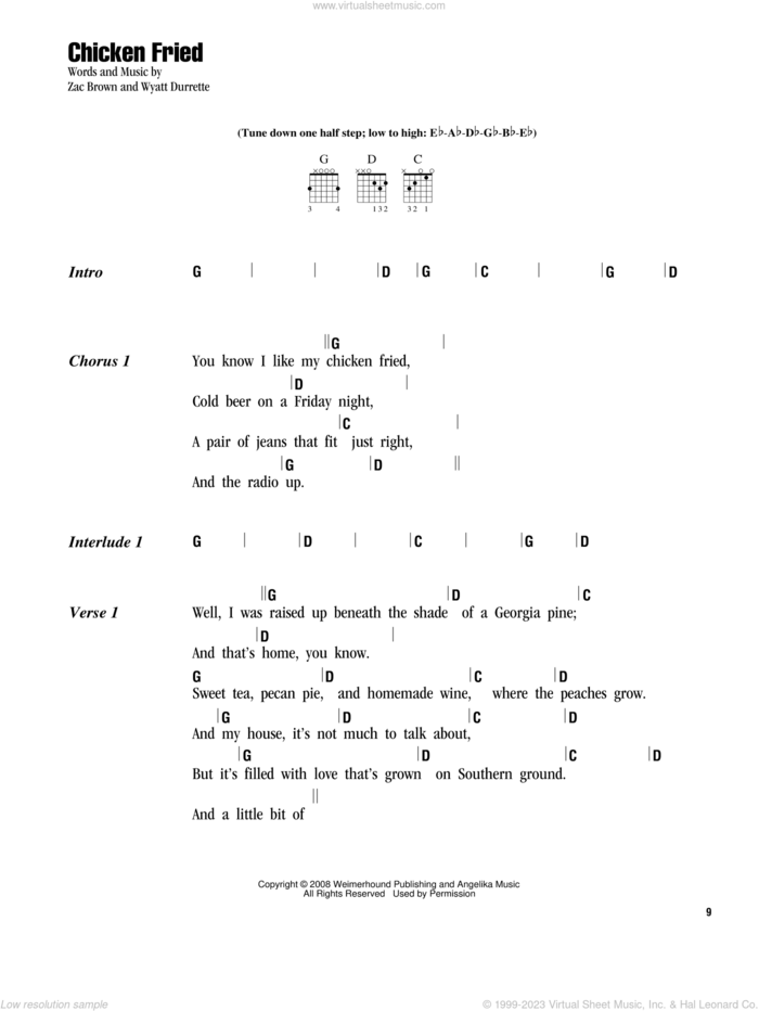 Chicken Fried sheet music for guitar (chords) by Zac Brown Band, Miscellaneous, Wyatt Durrette and Zac Brown, intermediate skill level