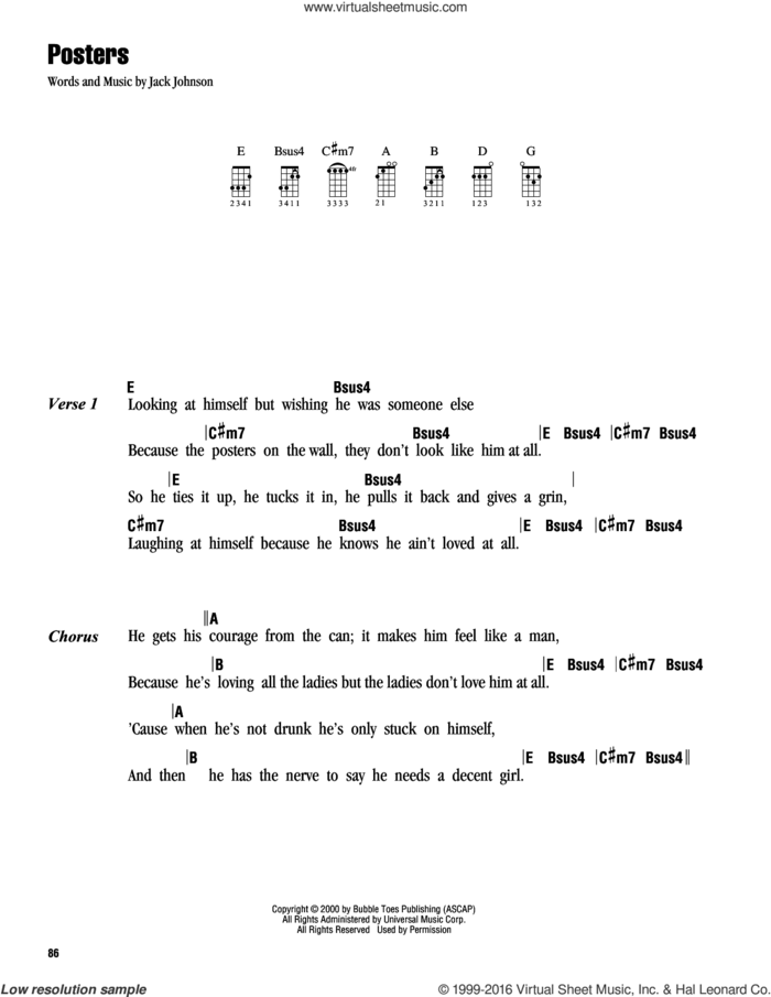 Posters sheet music for ukulele (chords) by Jack Johnson, intermediate skill level