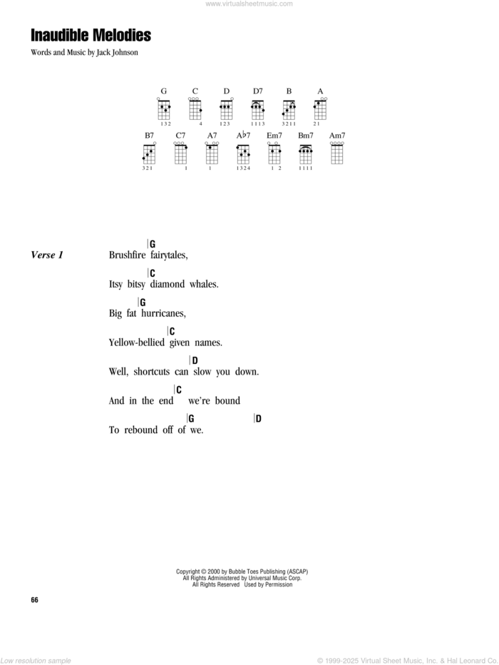 Inaudible Melodies sheet music for ukulele (chords) by Jack Johnson, intermediate skill level