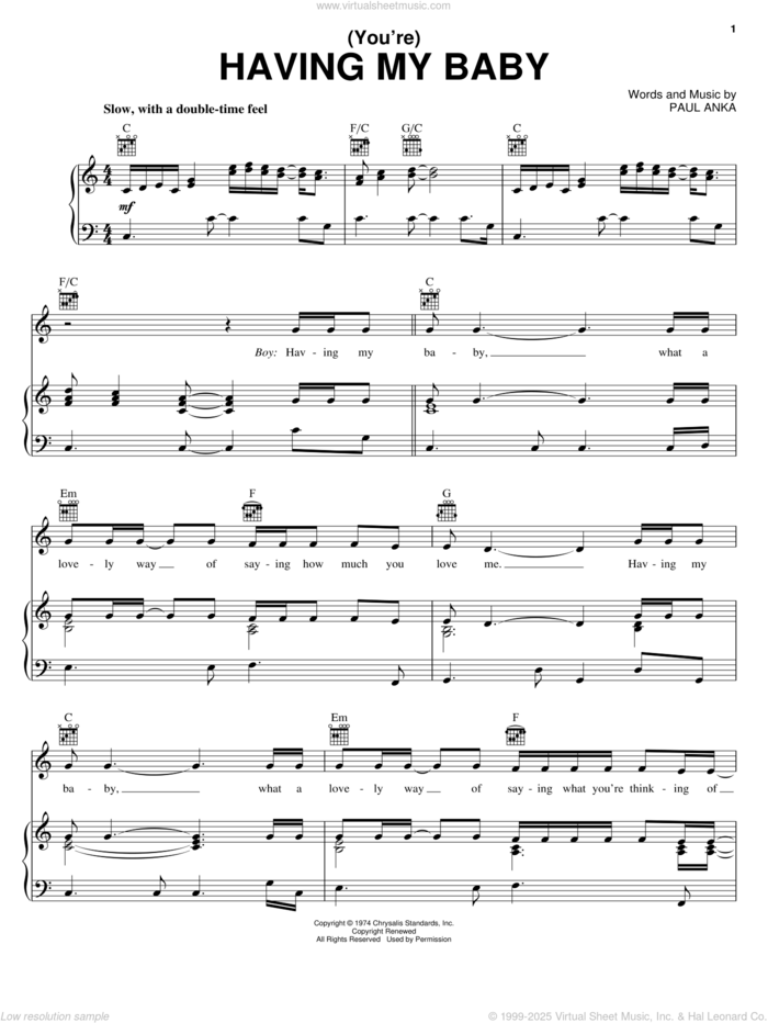 (You're) Having My Baby sheet music for voice, piano or guitar by Paul Anka, intermediate skill level