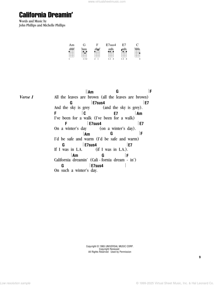 California Dreamin' sheet music for ukulele (chords) by The Mamas & The Papas, John Phillips and Michelle Phillips, intermediate skill level