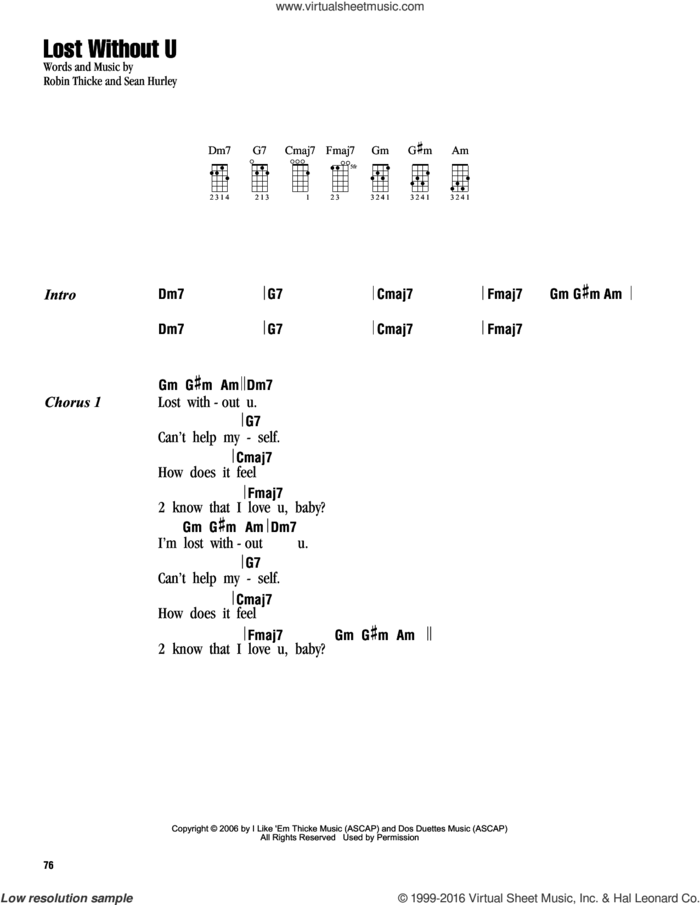 Lost Without U sheet music for ukulele (chords) by Robin Thicke and Sean Hurley, intermediate skill level