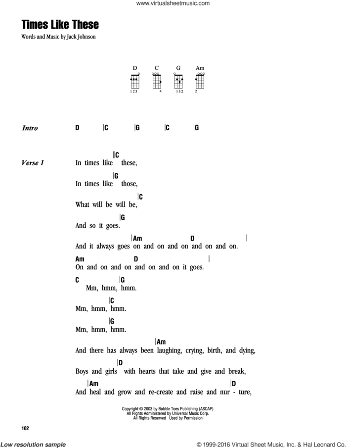 Times Like These sheet music for ukulele (chords) by Jack Johnson, intermediate skill level