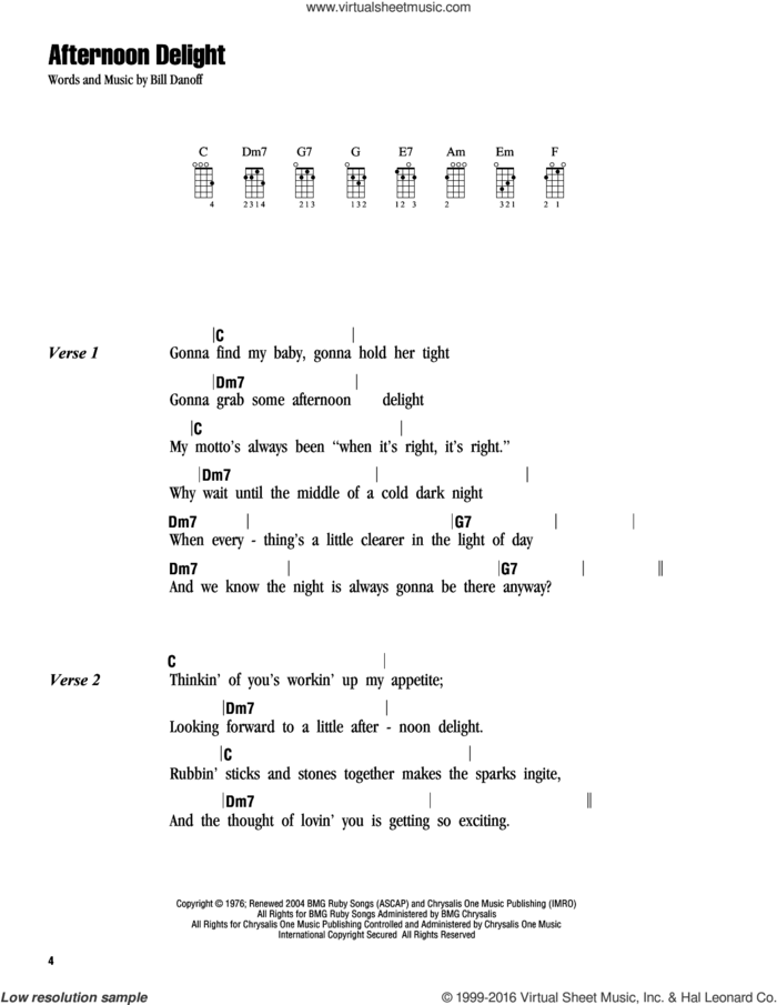 Afternoon Delight sheet music for ukulele (chords) by Starland Vocal Band and Bill Danoff, intermediate skill level