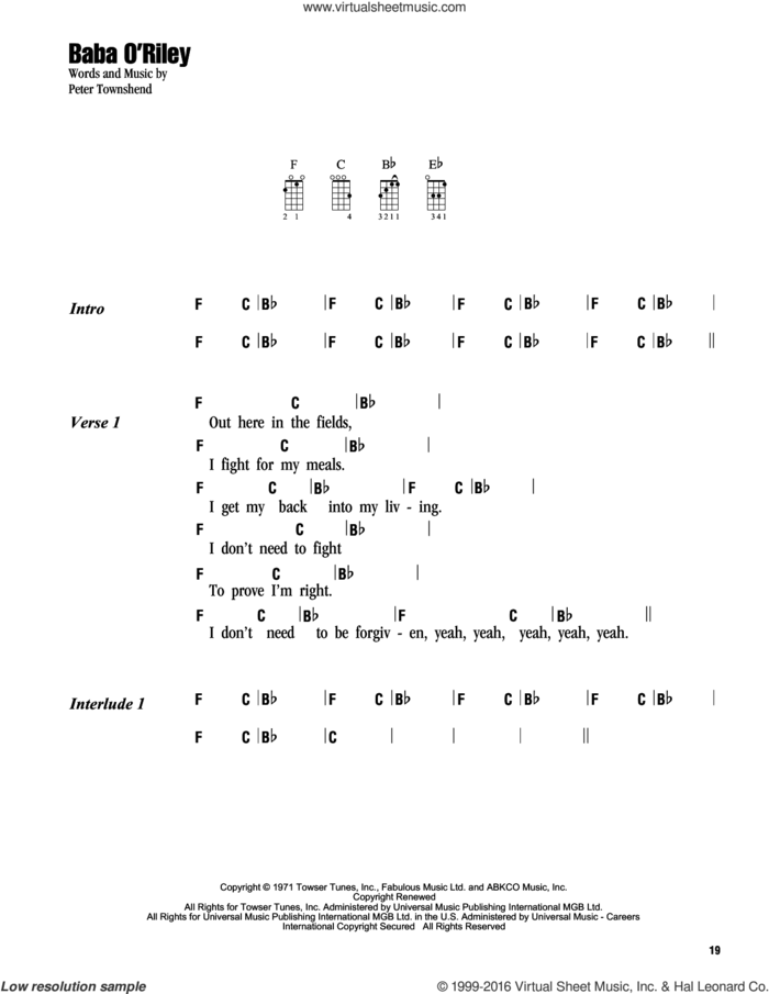 Baba O'Riley sheet music for ukulele (chords) by The Who and Pete Townshend, intermediate skill level