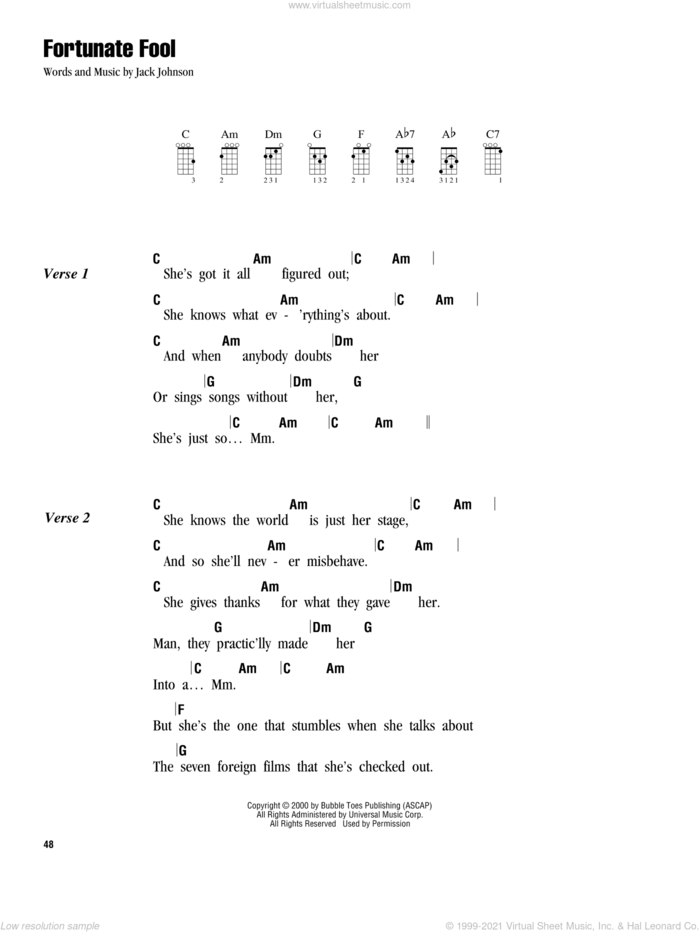 Fortunate Fool sheet music for ukulele (chords) by Jack Johnson, intermediate skill level