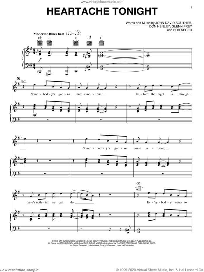 Heartache Tonight sheet music for voice, piano or guitar by Bob Seger, The Eagles, Don Henley, Glenn Frey and John David Souther, intermediate skill level
