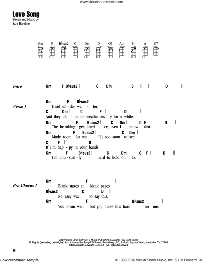 Love Song sheet music for ukulele (chords) by Sara Bareilles, intermediate skill level