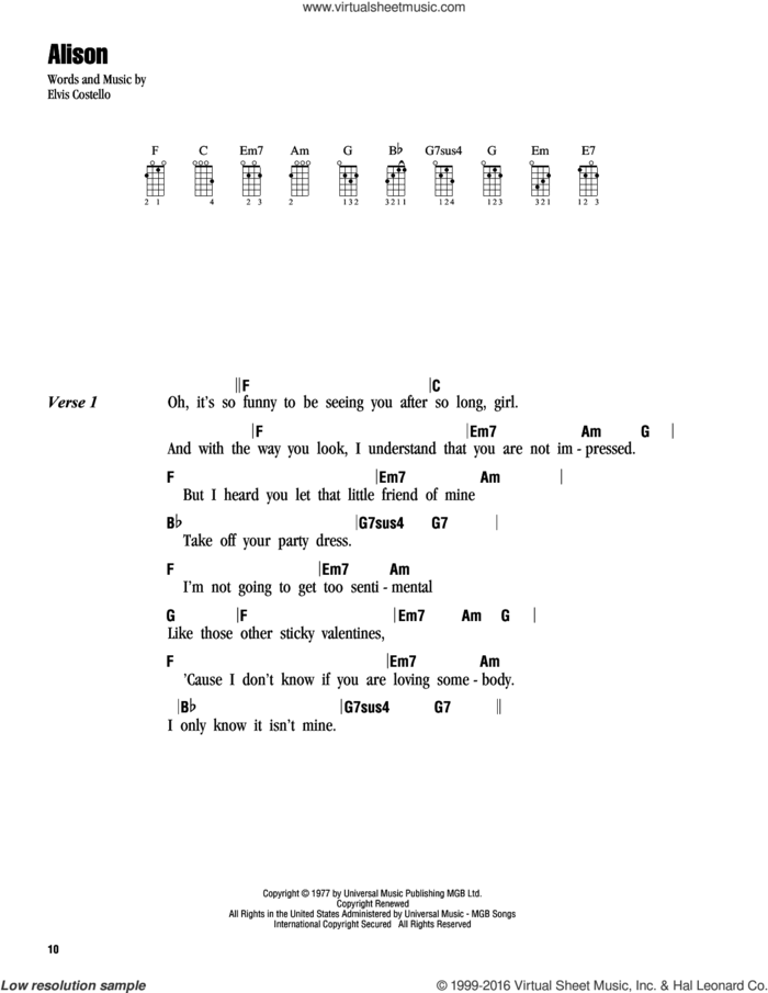 Alison sheet music for ukulele (chords) by Elvis Costello, intermediate skill level